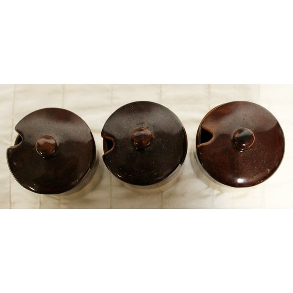 1960s 3 Brown Dip Tan Condiment Jar Lid Stoneware Crock Mustard Relish BBQ Party - Picture 7 of 11